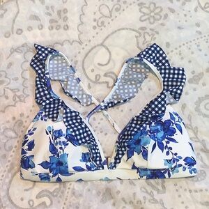 Lands End Floral Ruffle Gingham Bikini Top Blue White Size Medium